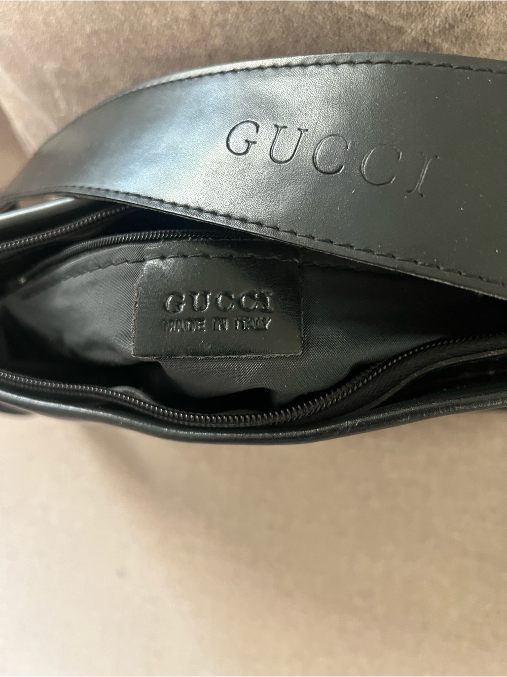 Gucci Black Leather Bag purse with Embossed Logo